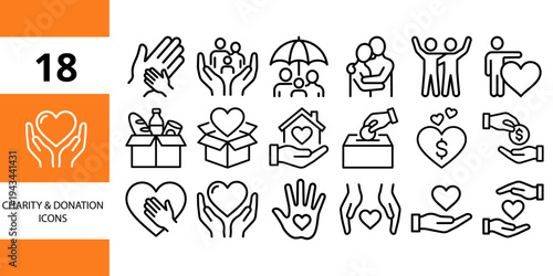 Charity and donation icons: giving, support, hearts, and helping hands