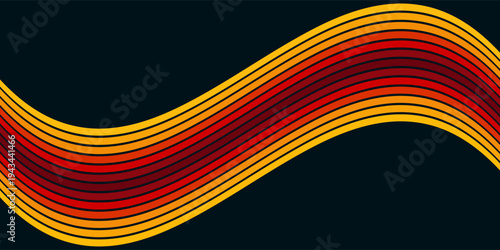 Abstract colorful 70s background vector. Vintage retro wallpaper with rainbow stripes and wavy lines. A 1970 color illustration suitable for posters, banners, decorative items and wall art.