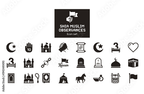 Shia Muslim Observances Icon Set 12 Major Dates Religious Events Islamic Calendar Faith Traditions Spiritual Commemoration Vector Illustration