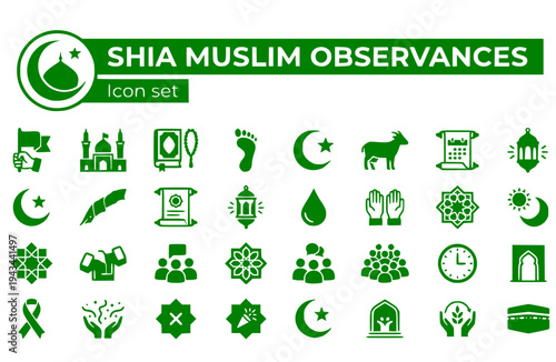 Shia Muslim Observances Icon Set 12 Major Dates Religious Events Islamic Calendar Faith Traditions Spiritual Commemoration Vector Illustration