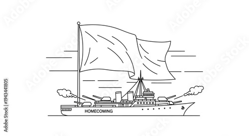 Battleship Homecoming with Flag and Smoke