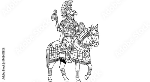 Aztec Warrior on Horseback with Eagle Helmet and Spear - Black and White Illustration