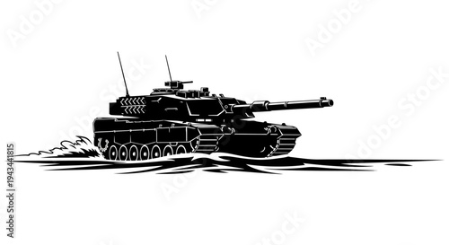 Black and white illustration of a modern battle tank crossing water