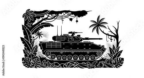 Black and white illustration of a military tank in a jungle setting