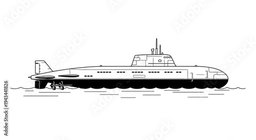 Black and white illustration of a submarine on the water surface, side view