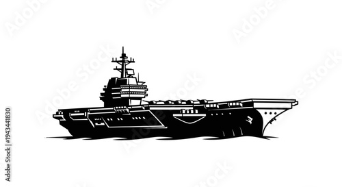 Black and White Illustration of an Aircraft Carrier Sailing on Water