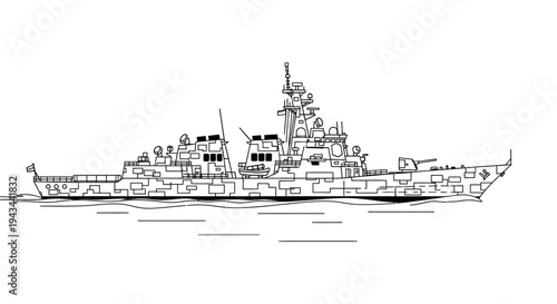 Black and White Outline Drawing of a Modern Warship on White Background