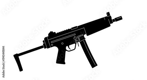Black silhouette of a submachine gun, isolated on a white background.