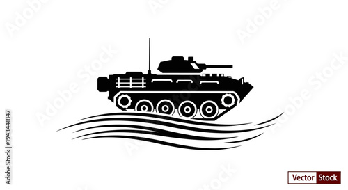 Black silhouette of a military tank on a white background with abstract wavy lines