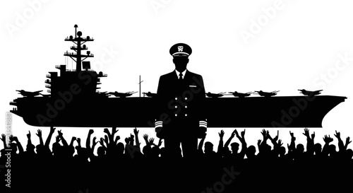 Military Captain Stands Proudly Before Aircraft Carrier and Cheering Crowd