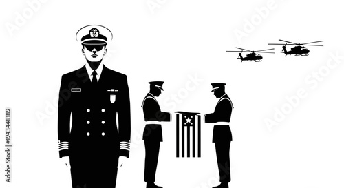 Military Ceremony: Officers Presenting Flag with Helicopters Flying Overhead