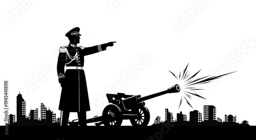 Military Commander Directs Cannon Fire Over City Skyline Silhouette