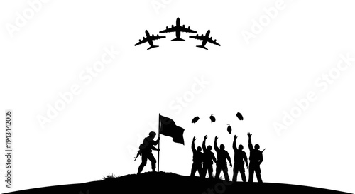 Military Heroes Celebrate Victory with Flag and Airplanes Flyover