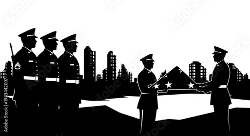 Military Honor Guard Folds Flag at Sunset with City Skyline Silhouette