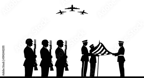 Military Honor Guard Ceremony with Flag and Air Force Flyover