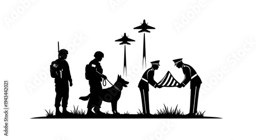 Military Honor Guard Folds Flag with Fighter Jets Flyover and K9 Unit Silhouette