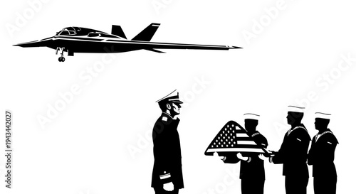 Military Honor Guard Presents Folded Flag Below Jet Flyover