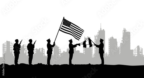 Military Honor Guard Raising American Flag Over Ruined City Skyline Silhouette