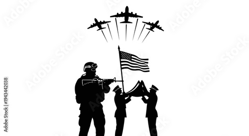 Military Honor Guard with American Flag and Fighter Jets Flyover