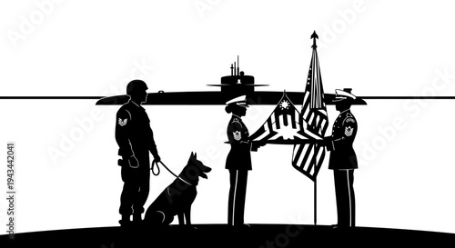 Military Honor Guard with Dog and Submarine Silhouette