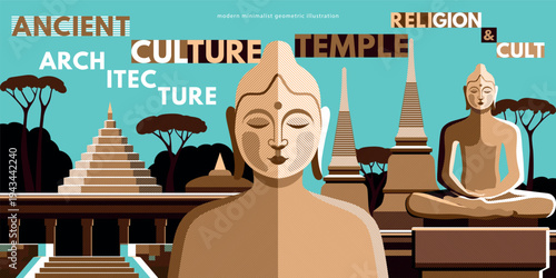 Asian Religious cultural symbols and traditional cult elements. Vector modern line art  geometric illustration with Buddhist statues, ancient temples, ruins in jungles, stupas and towers.