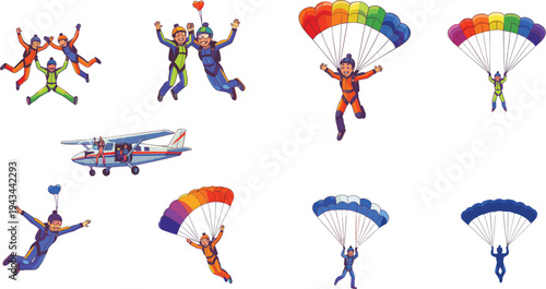 Colorful skydiving adventure scenes with parachutes, freefall formations, airplane jump, vibrant suits, thrilling aerial stunts, teamwork, excitement, adrenaline rush
