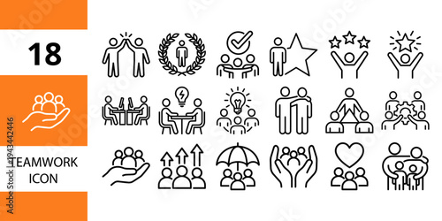 Teamwork and collaboration icons: high fives, group meetings, brainstorming, and support