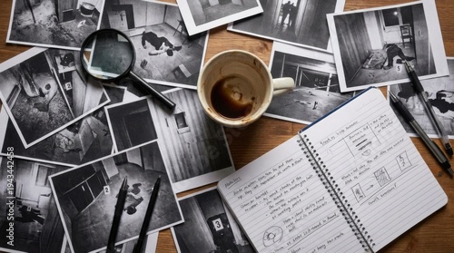 Detective investigating crime scene looking through evidence files