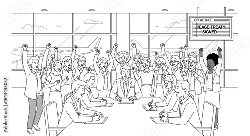 Business Meeting Success: Team Celebrates Deal Victory at Airport Departure Gate