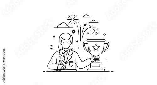 Businesswoman celebrating success with trophy, writing, and fireworks