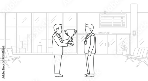 Businessman receiving a trophy and medal for achievement in a modern office lobby
