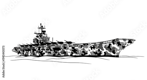 Camouflage Aircraft Carrier Warship Sailing on Water - Military Naval Vessel Illustration