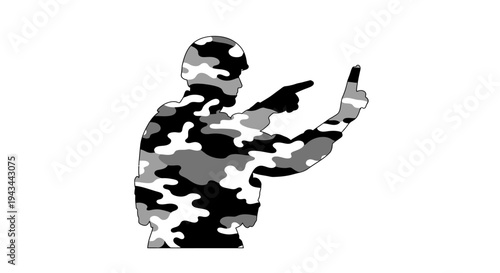 Camouflage Soldier Pointing Direction, Military Communication, Hand Signal, Tactical Movement