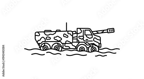 Camouflaged Military Truck Driving Through Water, Line Art Illustration