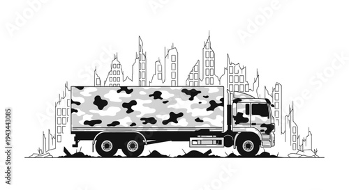 Camouflaged Military Truck in Ruined Cityscape - Post-Apocalyptic Transport