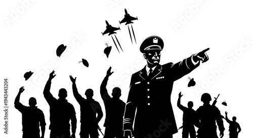 Military Leader Directing Forces with Fighter Jets and Soldiers in Silhouette