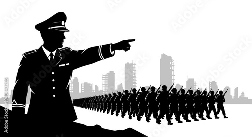 Military Leader Directing Troops Forward in Urban Landscape