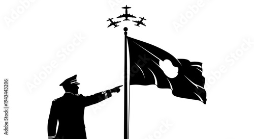 Military Leader Directs Air Force Formation Flying Over National Flag