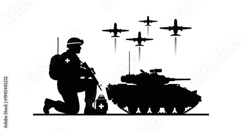 Military Medic with Tank and Jets, Combat Support and Medical Aid