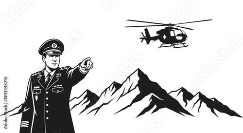 Military Officer Directing Helicopter Over Mountain Range