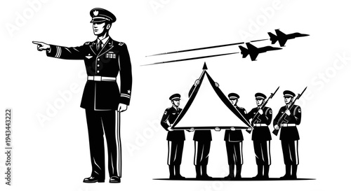 Military Officer Directs Air Show with Jet Flyover and Honor Guard