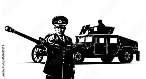 Military Officer Directing Traffic with Artillery and Humvee