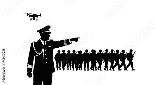 Military Officer Directs Drone and Soldiers in Formation, Modern Warfare Concept