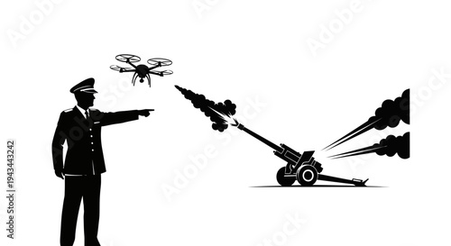 Military officer directs drone to fire artillery, symbolizing modern warfare and technology