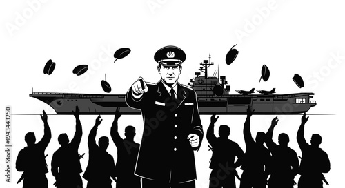 Military Officer Leading Crew on Aircraft Carrier, Cheering Crowd, Airplanes