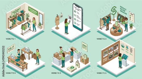 Isometric scenes depicting eco-friendly business practices and sustainable interactions in a modern office environment