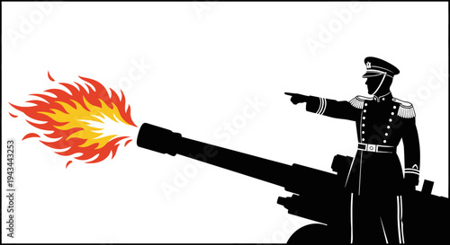 Military Officer Fires Cannon with Flames and Smoke