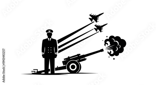 Military Officer Overseeing Artillery Firing and Jet Fighters Launching