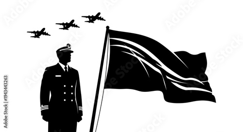 Military Officer Salutes Flag with Fighter Jets Flyover - Patriotic Symbolism