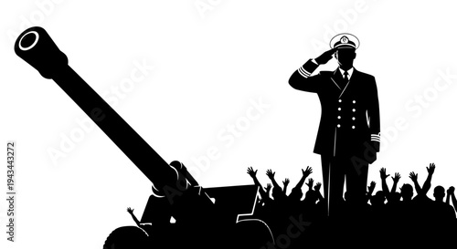 Military Officer Saluting Beside Cannon with Cheering Crowd Silhouette